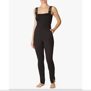 WeWoreWhat Black Cotton Blend Corset Stretch Buckle Denim Overalls Jumpsuit